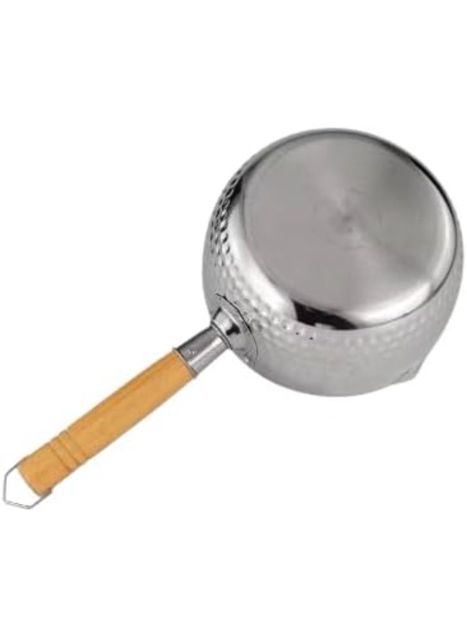 Professional casserole made of pure, rust-resistant metal with a heat-insulating natural wood handle; high-quality milk cooking and training pot with a side pouring spout. - Image 1